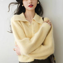 黄色翻领短款仿马海毛针织开衫女春秋冬欧货时尚毛衣外套polo上衣