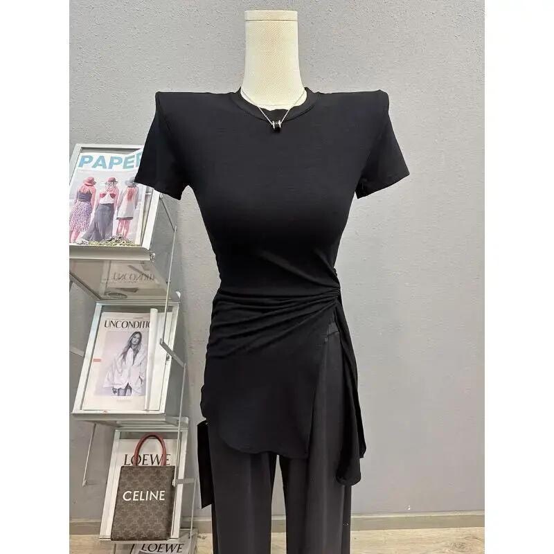 Irregular Slit Strap Fashion Shoulder Pad T-Shirt for Women, Summer Design Niche Slim Fit Mid-Length Top Irregular Slit Strap Fashion Shoulder Pad T-Shirt for Women, Summer Design Niche Slim Fit Mid-Length Top