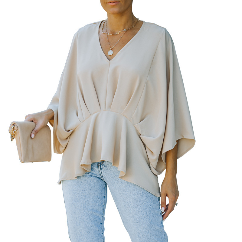 2022 الأوروبية والأمريكية الخفافيش بلون أعلى للنساء أمازون جديد الخصر ضيق التخسيس 34 كم البلوز قميص شيفون Womenpicture3