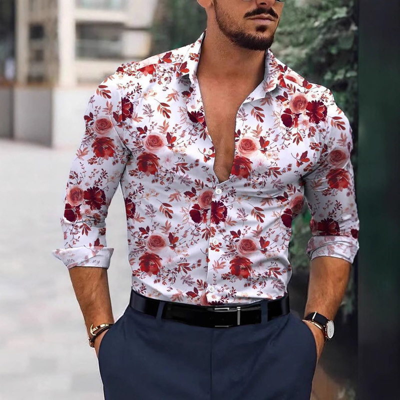 Men's Long-sleeved Shirt Cross-border European and American Spring and Autumn New All-round Floral Print Trendy All-match Shirt Men's Long-sleeved Shirt