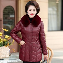 妈妈棉袄女加绒加厚中长款秋冬装中年羽绒棉服中老年PU皮棉衣外套