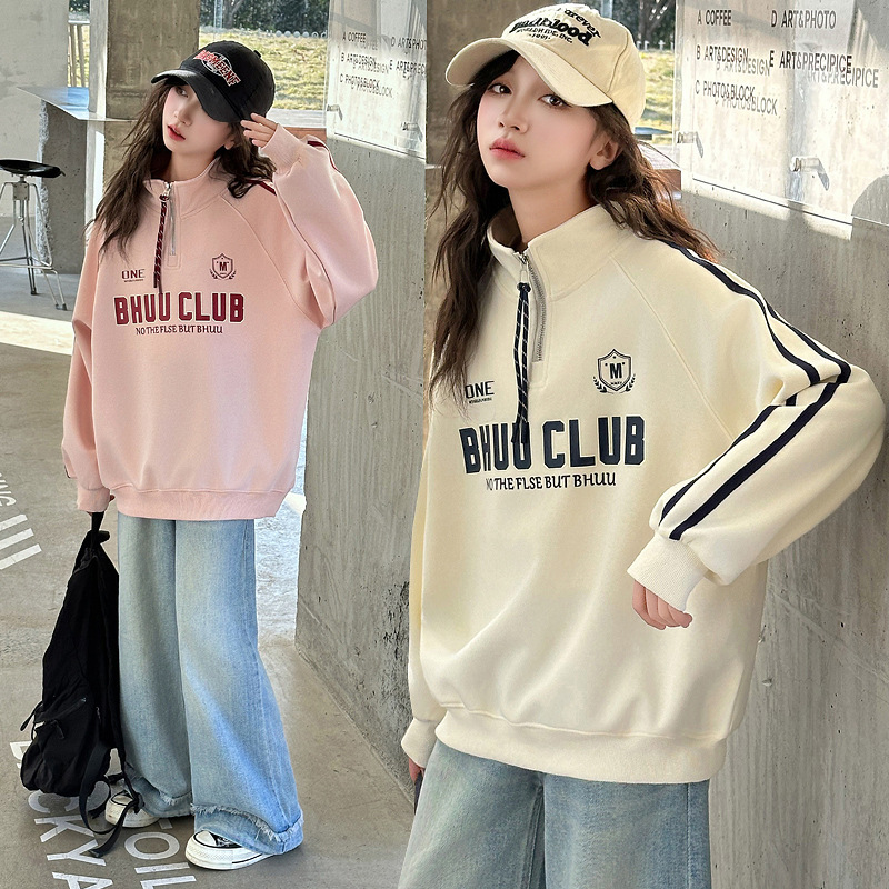 Girls' Korean-Style Sweatshirt 2026 Spring New Fashion Trendy Versatile Polo Half-Zip Collar Top for Older Children Spring and Autumn