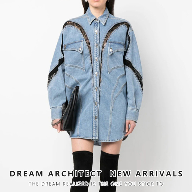 Niche Design Stereo Split Shirt 25 Spring and Summer Lace Contrasting Large Profile Shirt Style Denim Jacket for Women