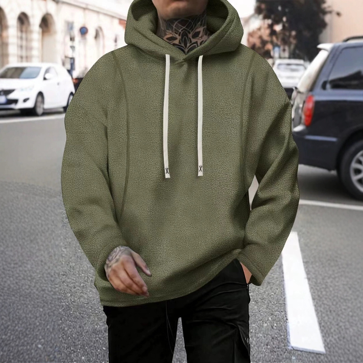 2024 국경 간 독립 역 미국 남성 헤비 복합 폴라 양털 야외 긴 소매 풀오버 후드 캐주얼 스웨터