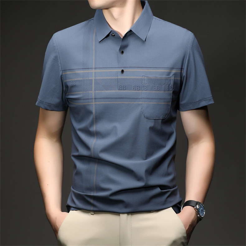 Summer Striped Short-Sleeve T-Shirt for Dad, Middle-Aged and Elderly Men's Clothing, Summer Polo Shirt, Thin Style with Real Pockets, Ice Silk Summer Striped Short-Sleeve T-Shirt for Dad, Middle-Aged and Elderly Men's Clothing, Summer Polo Shirt, Thin Style with Real Pockets, Ice Silk
