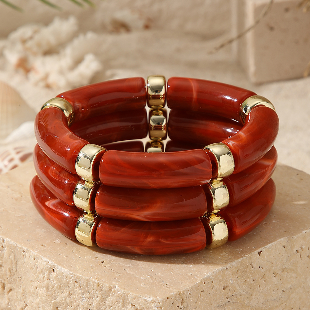 Nuevos productos transfronterizos retro europeos y estadounidenses de bambú tubo acrílico cuentas pulsera de cuerda elástica multicapa para mujeres 3 piezas de brazalete image 18