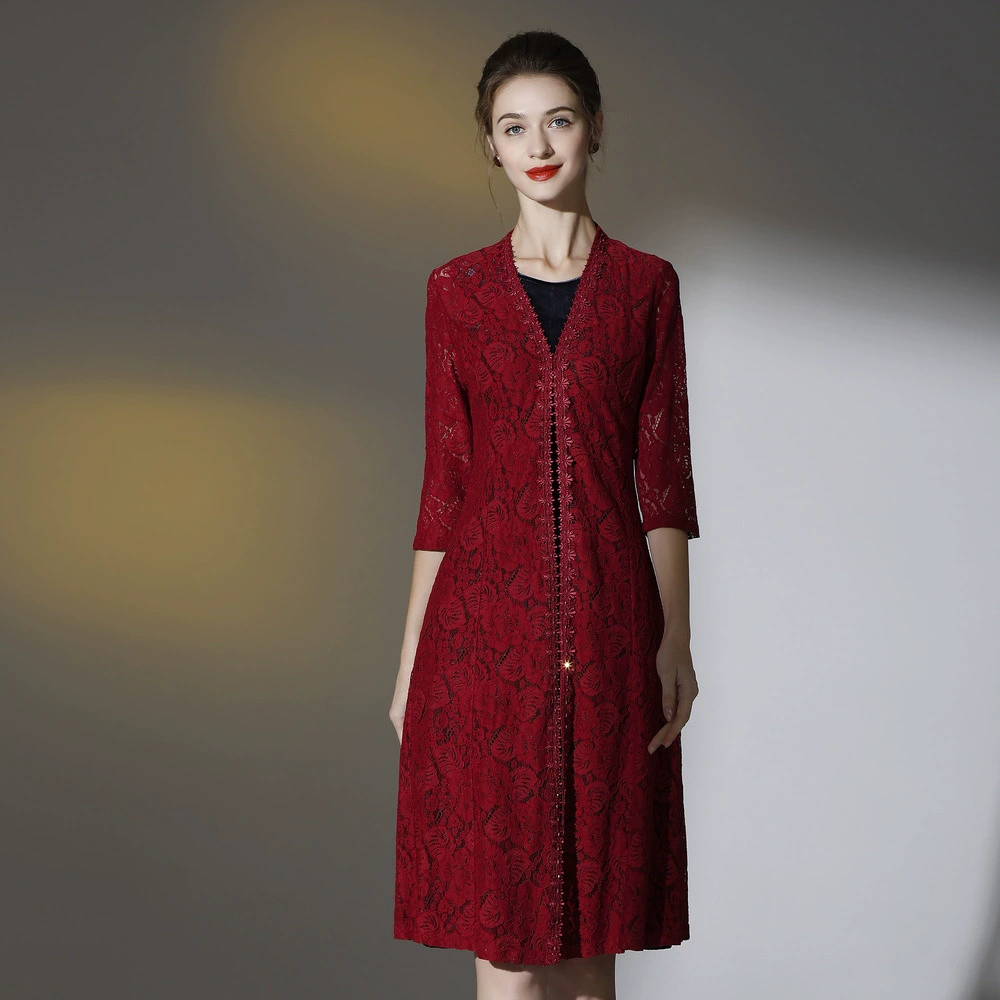 Шэньчжэнь в наличии Осень и зима средних лет мать-в-теща из двух частей красный свадебное платье Повседневный костюм платье женщин