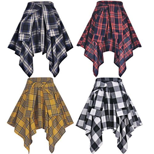 Relaxed waist grid irregular quadrilateral midi skirt with ties and bowknot, sporty street dance style for women