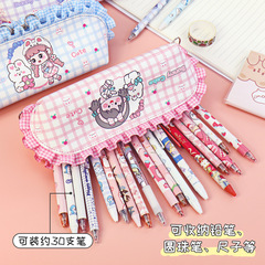 Cute cartoon girl floral border large-capacity PU waterproof stationery bag for primary school students, high-quality Instagram-style pencil case