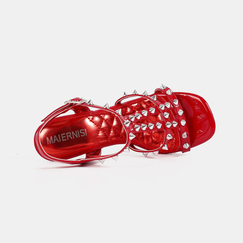 Sandal cao gót nhọn 10 cm đính đinh tán phối quai mảnh phong cách tiên nữ — Màu bạc, Màu trắng, màu đen, màu đỏ chi tiết 5