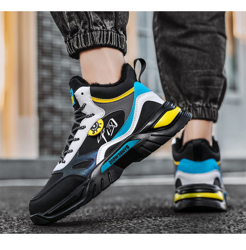 Giày sneaker cao cổ phối màu, lót nhung giữ ấm, đế cao su, dây buộc — 9013 Mẫu giày đơn Bai Lanyue, 9013 mẫu giày đơn màu đen và vàng, 9013 mẫu giày đơn màu đen xám, 9013-1 cộng với nhung trắng đen xám chi tiết 26