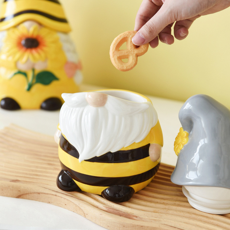 Tarro sellado de primavera, frasco lindo de elfos de abejas, frasco de almacenamiento de alto valor en relieve creativo de cerámica