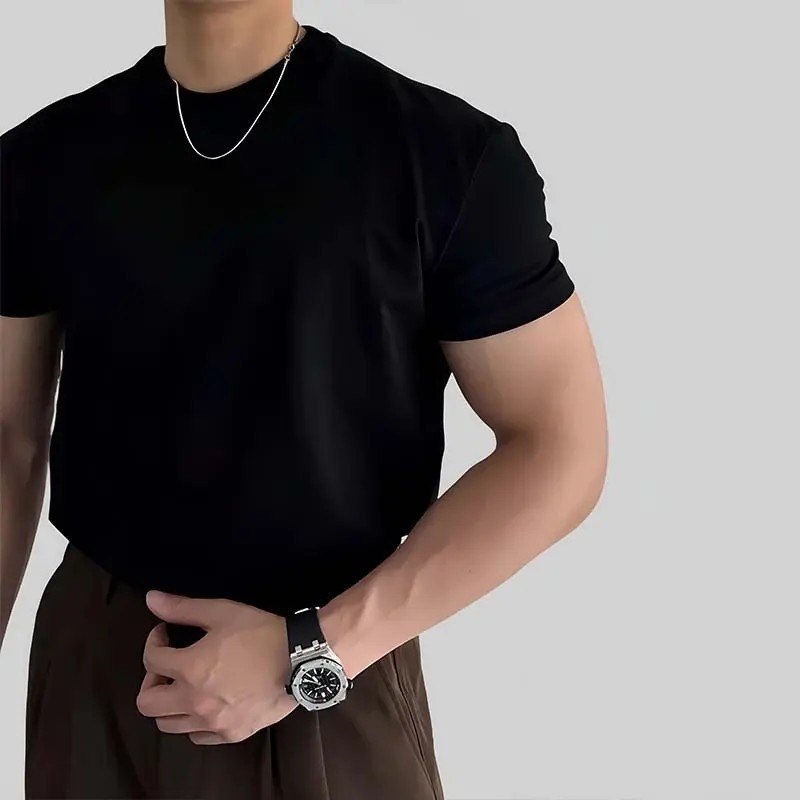 2025 New Korean Style Regular Shoulder Short-Sleeve Men's Top Trendy Round Neck Slim Fit Versatile Solid Color T-Shirt Low Price Sale