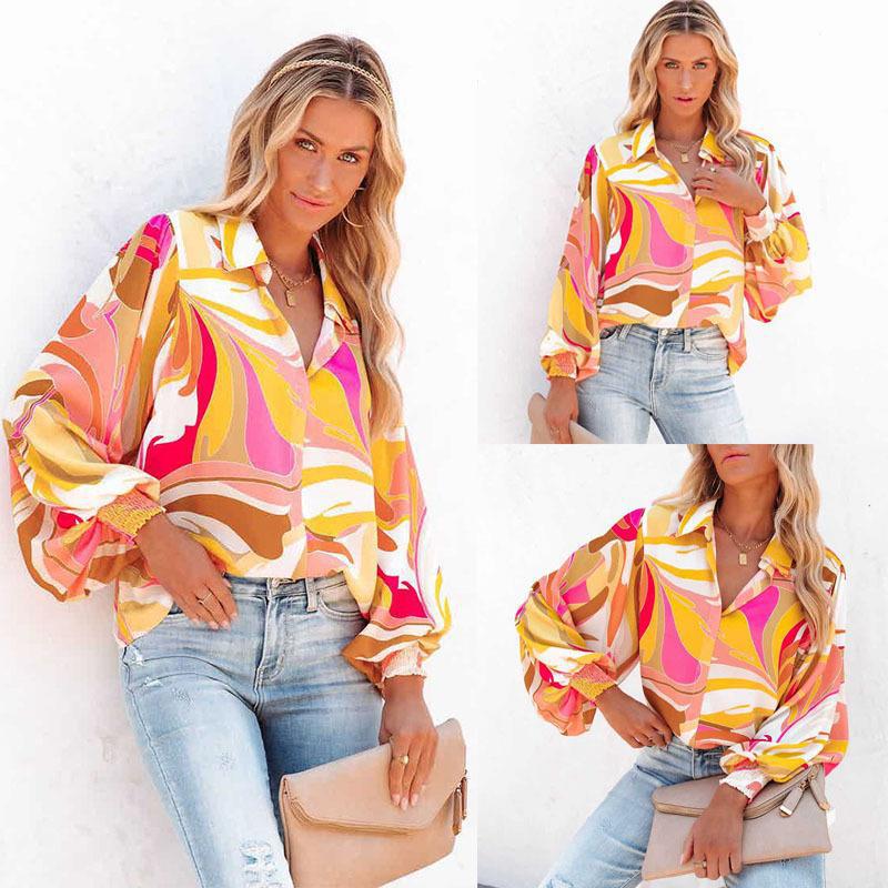 2022秋冬新款跨境亚马逊印花灯笼袖翻领开衫单排扣休闲衬衫女上衣