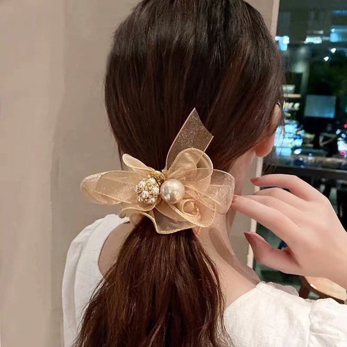 Korean online celebrity new style hair flower bow high-end hair tie for women temperament organdy large intestine hair tie to tie hair elastic
