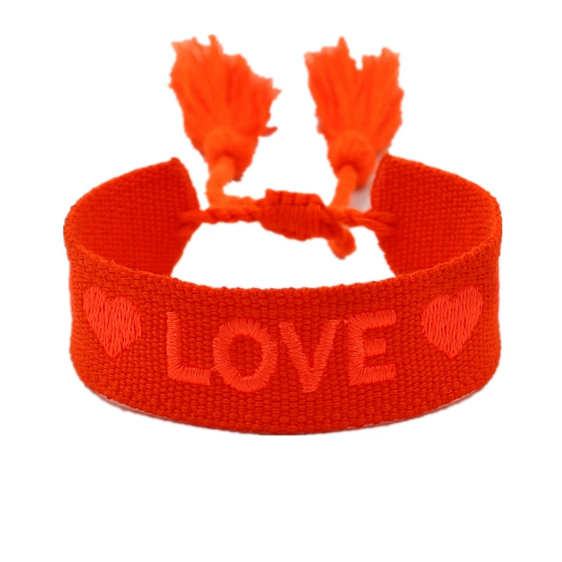 handmade woven bracelet, polyester, embroidered letters with tassels, adjustable (love)