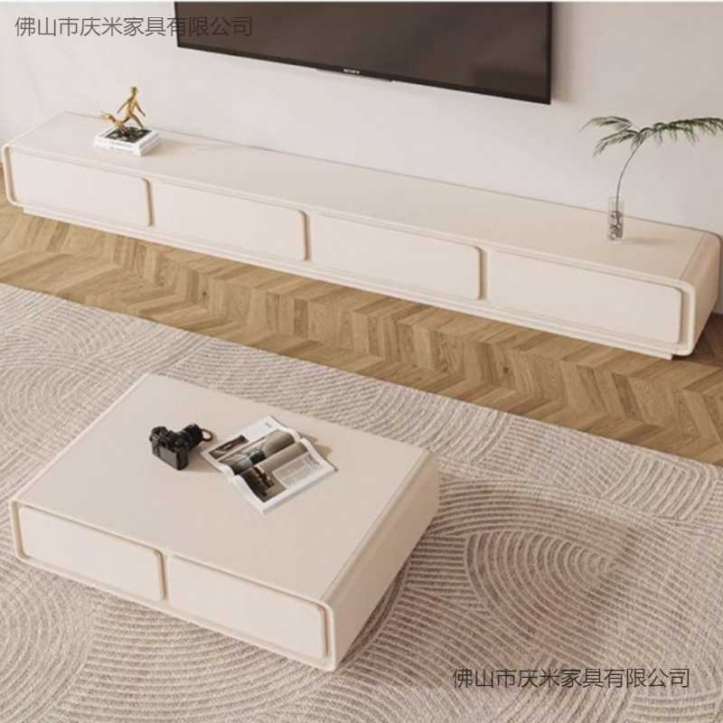 French Cream Style Rounded Corner White Tv Cabinet Modern Simple Coffee Table Combination Living Room Minimalist Home Small Apartment Floor-Standing