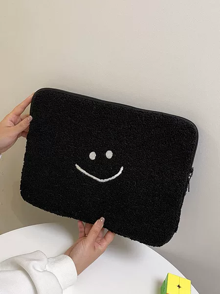 Lamb wool smiley face laptop bag, cute plush inner sleeve, simple anti-drop tablet protective case, storage bag