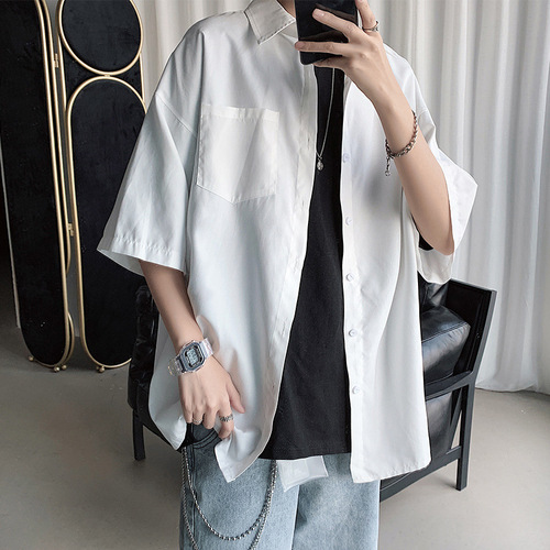 Short-sleeved shirt, men's Hong Kong style, Japanese summer five-sleeve shirt, Korean style, fashionable ins, handsome shirt, casual coat