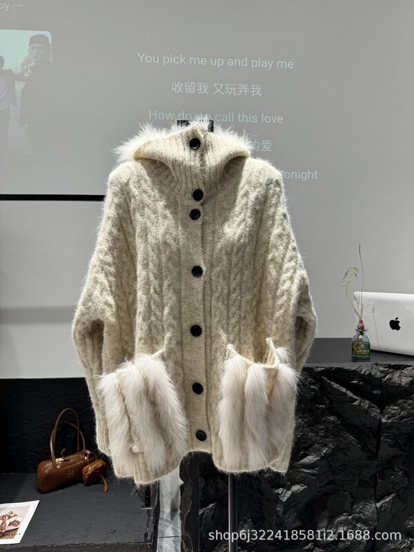 黁白麻花海军领狐狸毛毛衣皮草开衫女宽松百搭中长款女装加厚|undefined