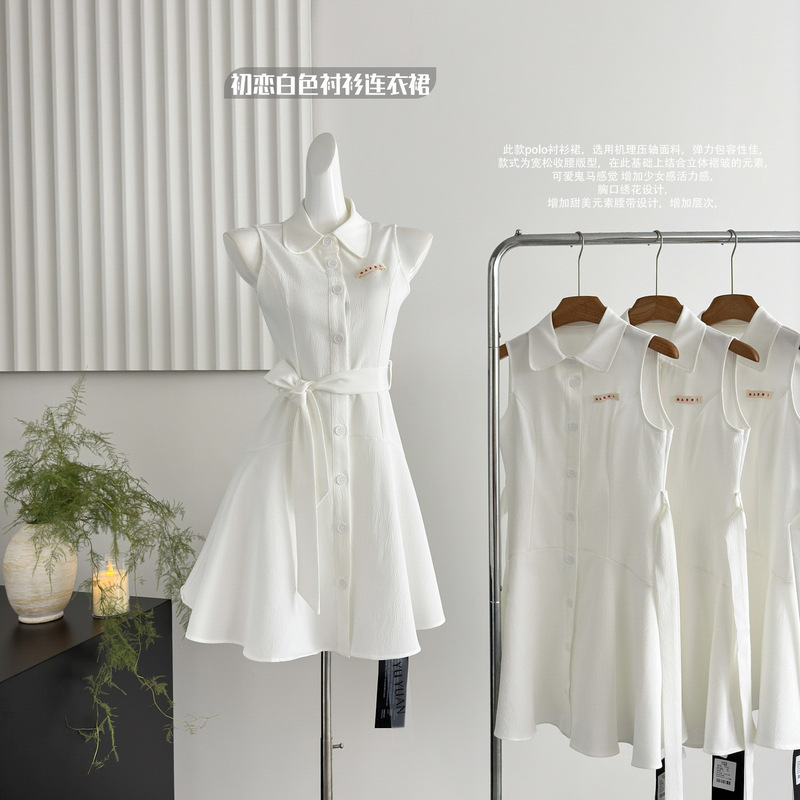 DQDQ First Love White Shirt dress Women's Summer New Elegant Waist Short Skirt Sweet Sleeveless Shirt Skirt DQDQ First Love White Shirt dress Women's Summer New Elegant Waist Short Skirt Sweet Sleeveless Shirt Skirt