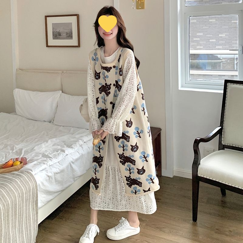 卡通猫咪提花背心连衣裙女春秋季新款复古宽松减龄洋气两件套爆款