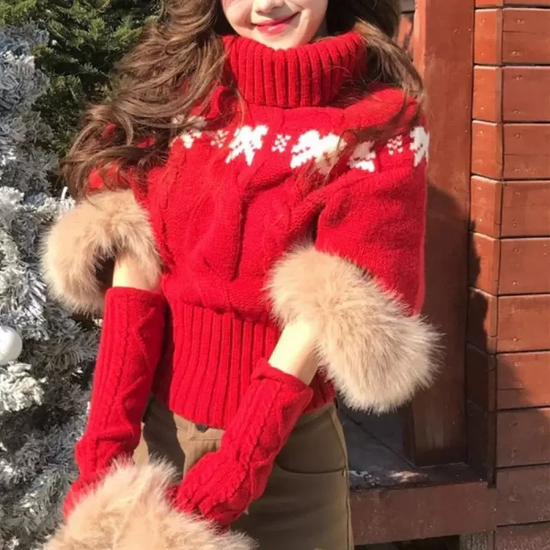 新年圣诞风毛毛新款针织毛衣女一字领套头提花修身小个子气质上衣