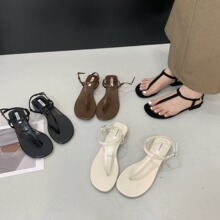 粗跟夹脚黑色凉鞋仙女鞋子2025年夏季新款韩版小众夹趾细带罗马鞋