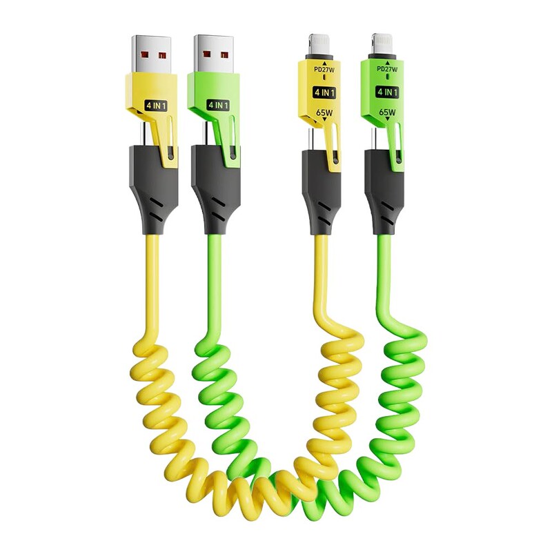 4-in-1 液体スプリング伸縮式ケーブル、フラットタイプ車載用Type-C急速充電ケーブル、伸縮式、HuaweiとAppleの急速充電に対応|undefined