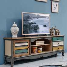 .美式乡村电视柜复古做旧视听彩绘实木地中海风格客厅家具茶几地