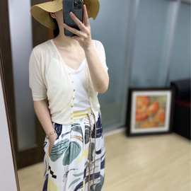 客定单小众品牌单 莫兰迪色系抽像印花松紧抽绳宽腿斜纹真丝裤