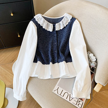 蕾丝花边拼接娃娃领长袖衬衫女秋季森系文艺松弛感假两件叠穿上衣
