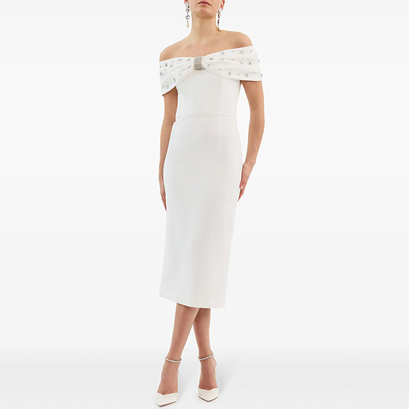 European and American New Style One-Shoulder Beaded Slim Bandage Skirt Ladylike Dress Mid-Length Dress