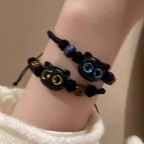 Sweet and cool little meow ins niche design black sandalwood kitten braided bracelet for couples to send best friends as gifts monster