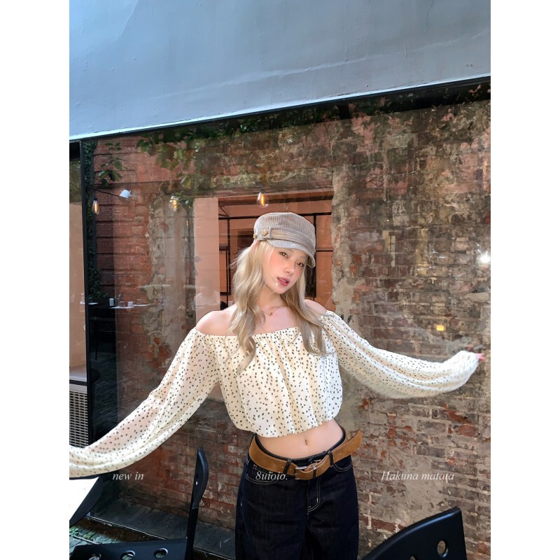 French-Style One-Shoulder Polka Dot Top for Women, 2026 Spring New Short Long-Sleeved Blouse