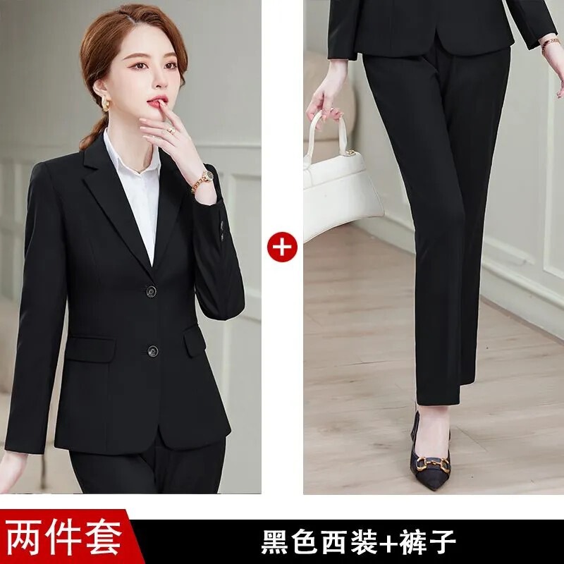 新型職業服装女装チベット青爆金気質スーツセット黒双ボタン正装スーツ面接作業服|undefined