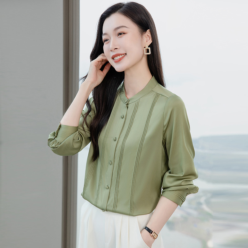 2025春季新款纯色压褶设计圆领真丝衬衫气质百搭女士上衣 A3628