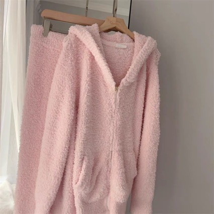 가을과 겨울 일본 귀여운 긴 귀 부드러운 지퍼 카디건 숙녀 홈 의류 잠옷 세트 도매