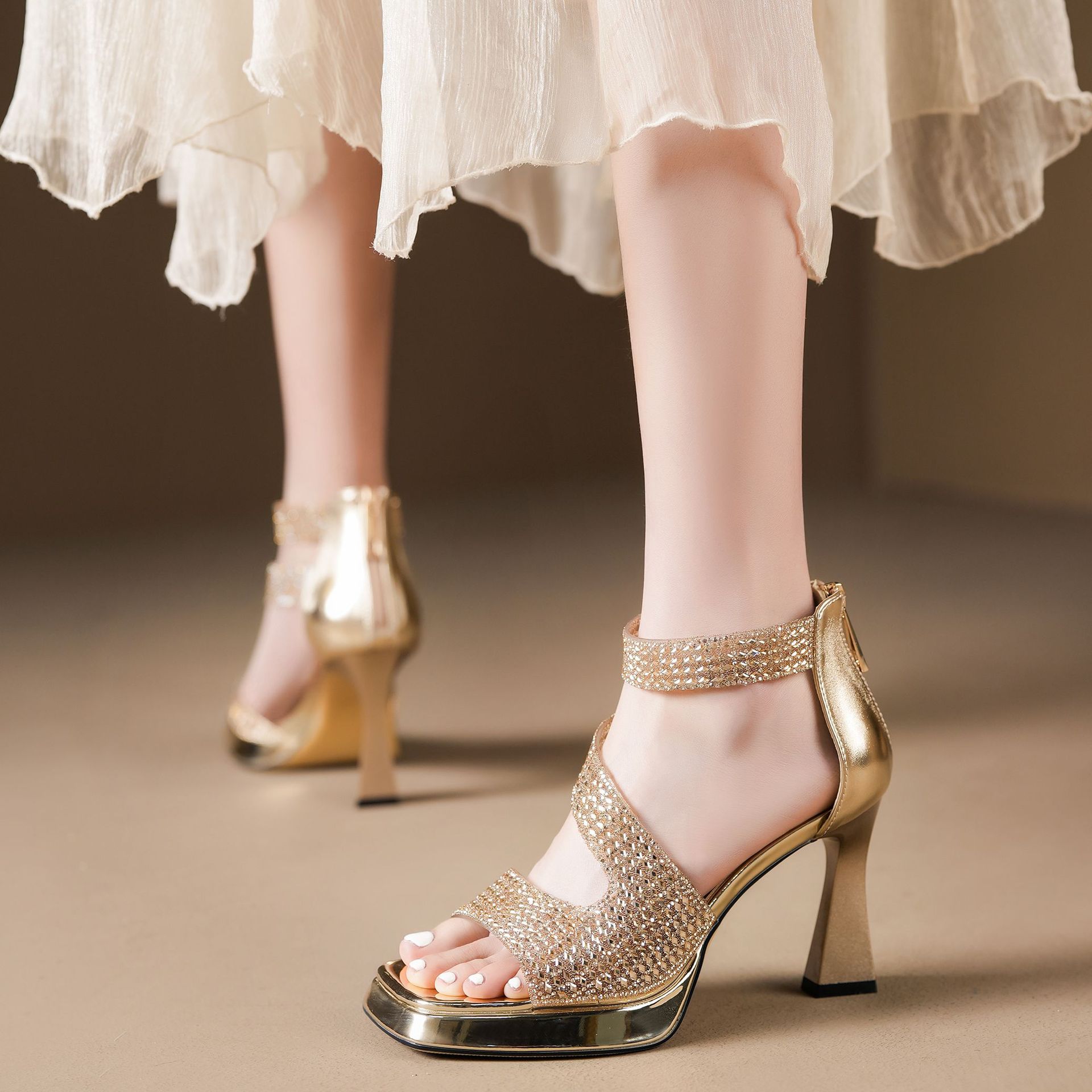 Y5751 Sommerliche französische Strass-Sandalen mit offener Zehenpartie, wasserdicht, Plateau, dicker Absatz, bequem, hohe Absätze, geschlossen_voghion.com