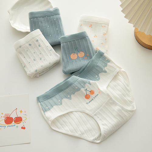 Sweet Cherry Cotton Panties Women's Threaded Soft Breathable Cotton Crotch Briefs Mid-Waist Student Shorts Girls