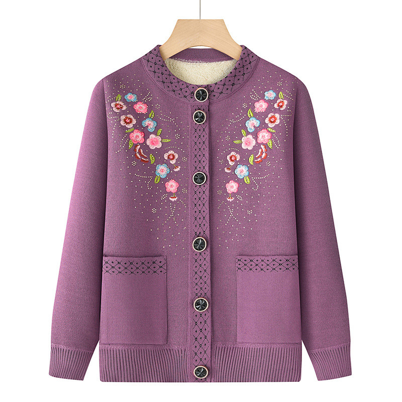 Middle-aged Mother Winter fleece-lined Thickened Embroidered Cardigan Top Granny Solid Color plus size Warm Sweater Coat Middle-aged Mother Winter fleece-lined Thickened Embroidered Cardigan Top Granny Solid Color plus size Warm Sweater Coat