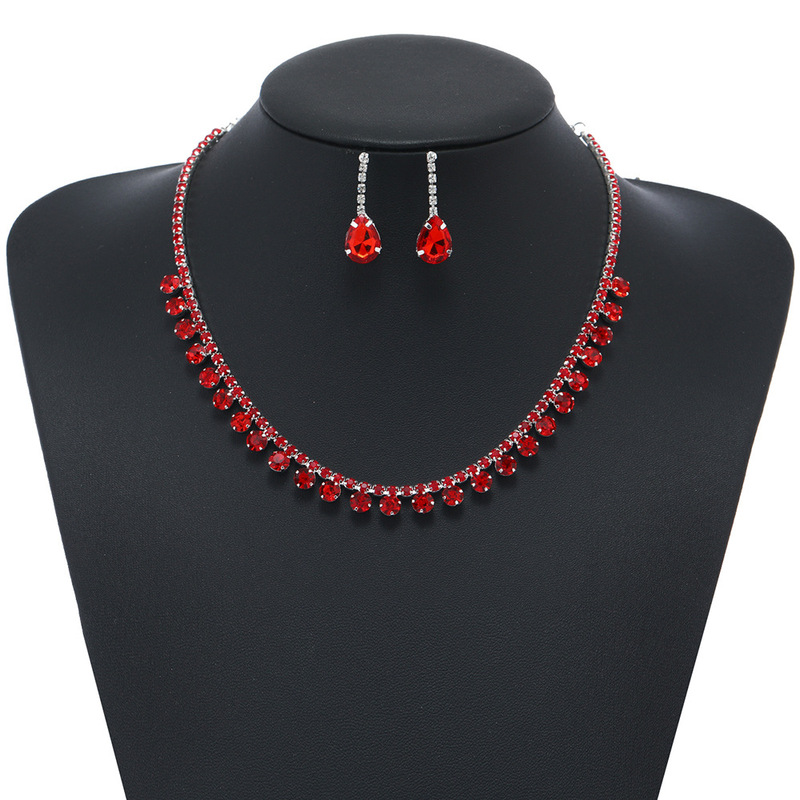 New red blue necklace earrings two-piece girl clavicle chain rhinestone claw chain wedding dress photography wear