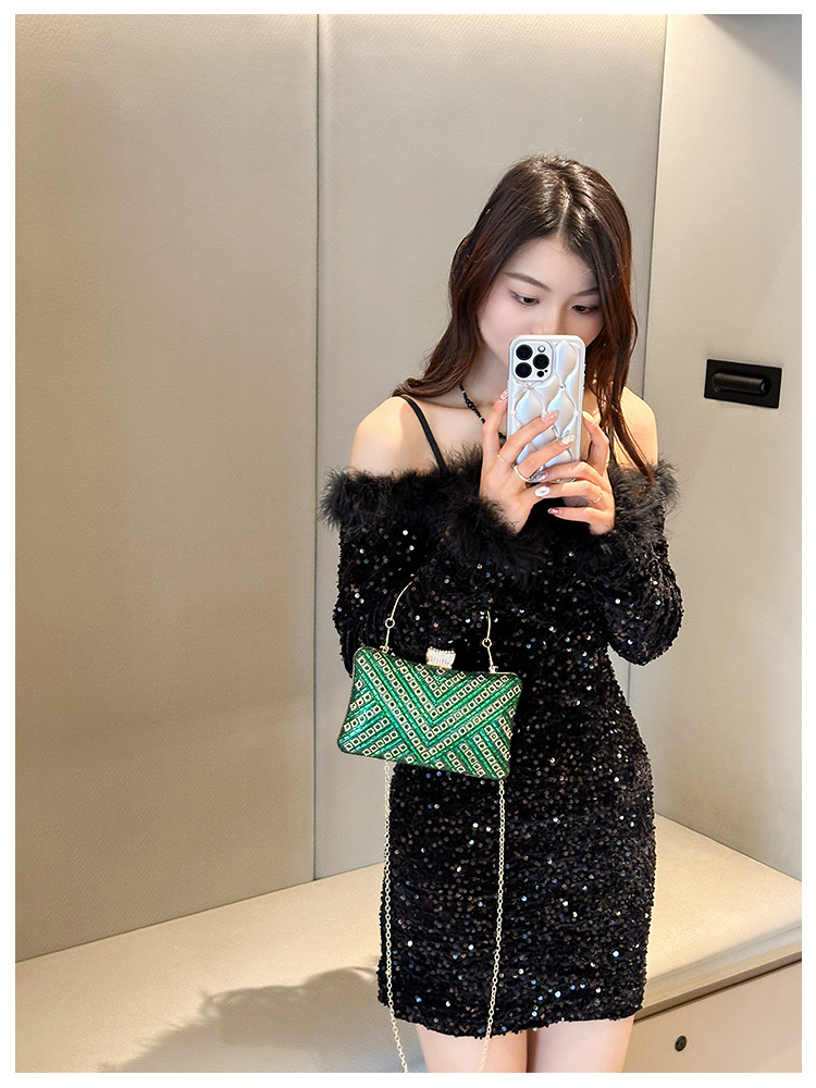 High-end evening dress, lady's water diamond clutch bag, diamond-encrusted bag, colorful diamond chain cheongsam bag, evening bag, women's handbag undefined