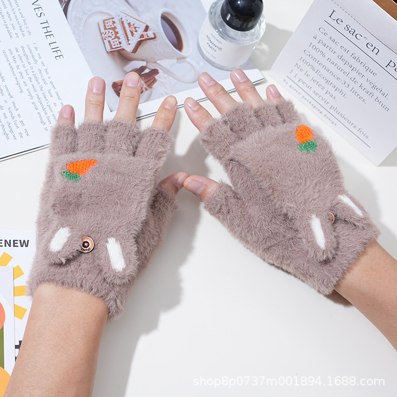 Invierno de las mujeres cálido forrado de lana engrosada estudiante escritura de moda montar lindo punto medio dedo flip guantes de dibujos animados