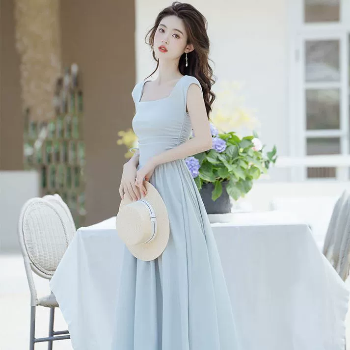 Внешняя торговля трансграничная любовь первая любовь дизайн платье женский летний сбор талии шнурок сшить нежный ветер тонкая темпераментная длинная юбка