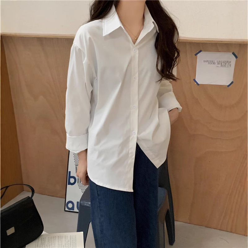 Casual White Long-sleeved Shirt Women's Design Sense Niche Spring and Autumn New Top Loose All-match Blue Shirt Jacket Casual White Long-sleeved Shirt Women's Design Sense Niche Spring and Autumn New Top Loose All-match Blue Shirt Jacket