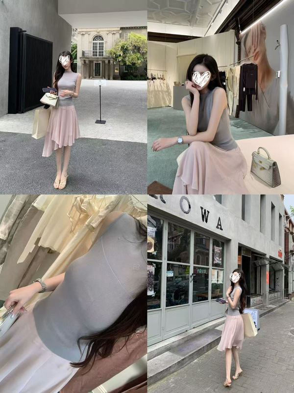 Okmasho "Light Makeup Style" Korean Chic Set for Women, Summer Knit Top + Mesh Skirt Two-Piece Set