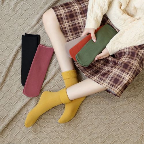Women's Snow Ground Socks, Vertical Tags, Winter Thick Fleece Socks for Girls, Plain Color Mid-Calf Length Socks, Exclusive for Cross-Border E-commerce