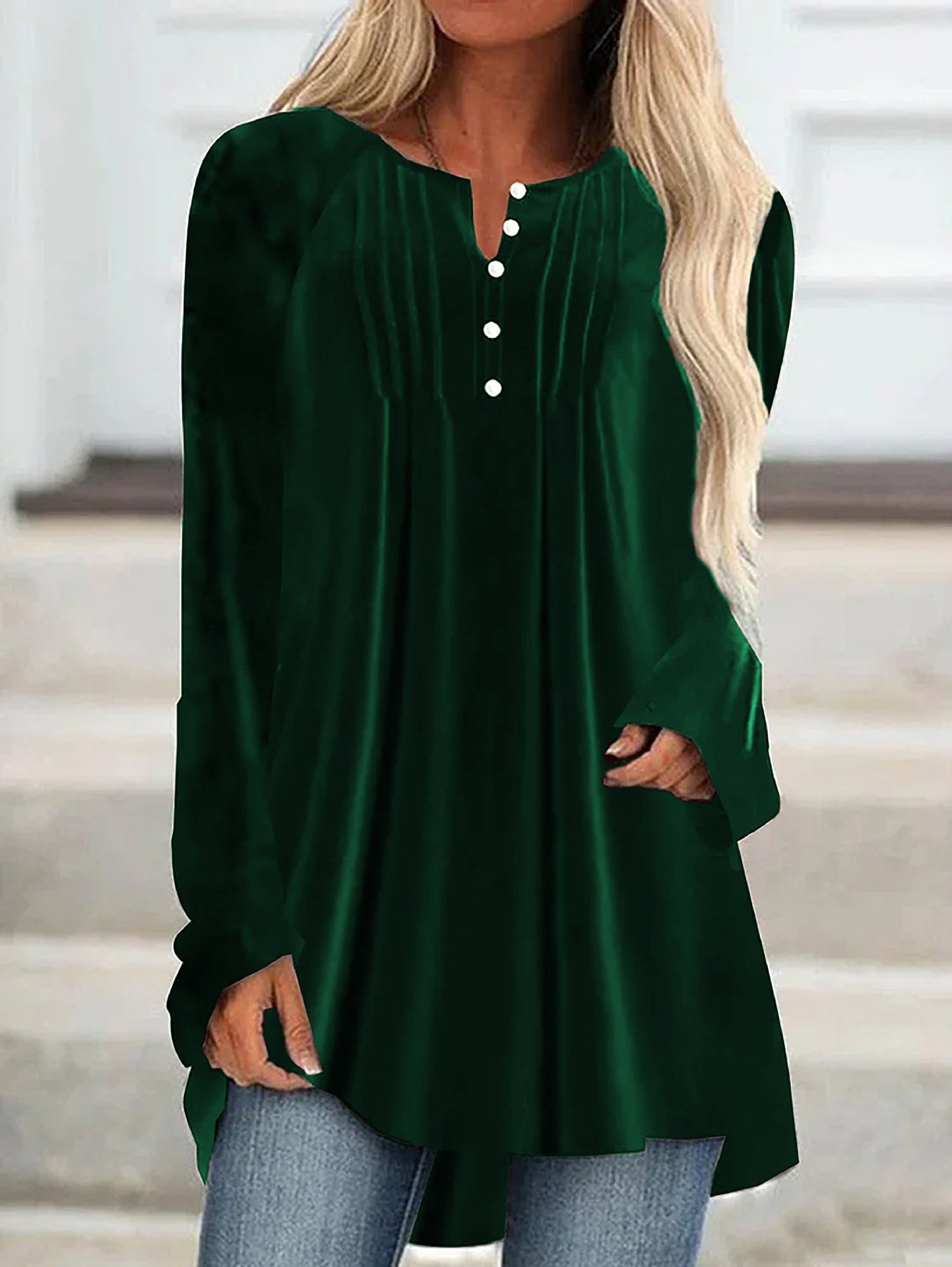 2026 European American Women's Fashion Autumn New V-neck Buttoned Velvet Long-sleeve Shirt With Chest Pleats And_ecoleips.com