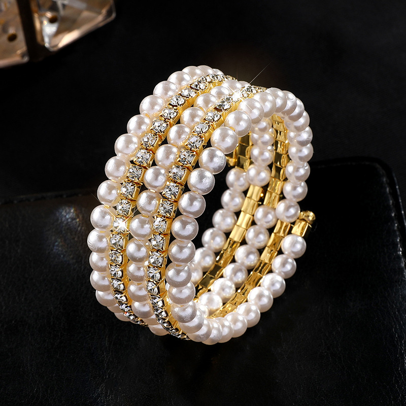 欧美新品多层缠绕珍珠手链新娘闪钻弹力手镯跨境直播多排水钻手饰